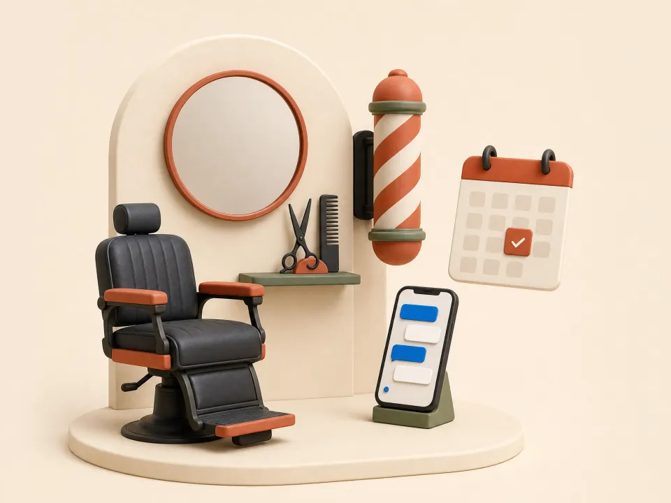 Barbería con una silla, un espejo, un poste de barbero, un teléfono con un chat y un calendario con una cita confirmada