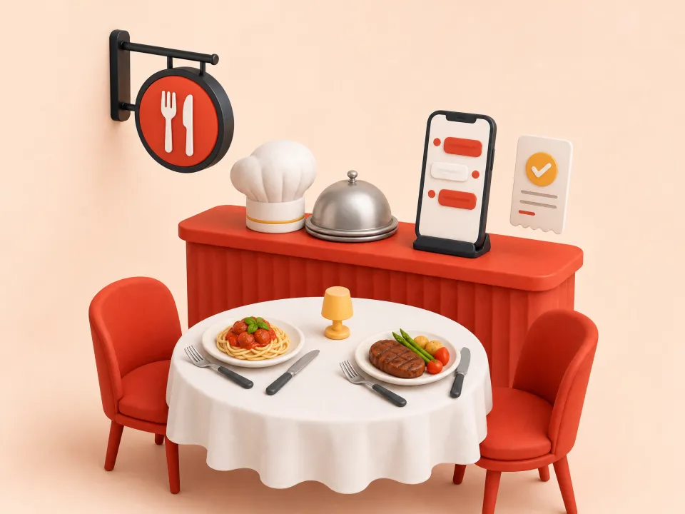 Restaurante con una mesa servida para dos, un gorro de chef, un letrero con cubiertos y un teléfono con un pedido por chat