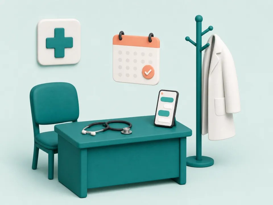 Consultorio con un escritorio, un fonendoscopio, una bata, una cruz médica, un teléfono con un chat y un calendario