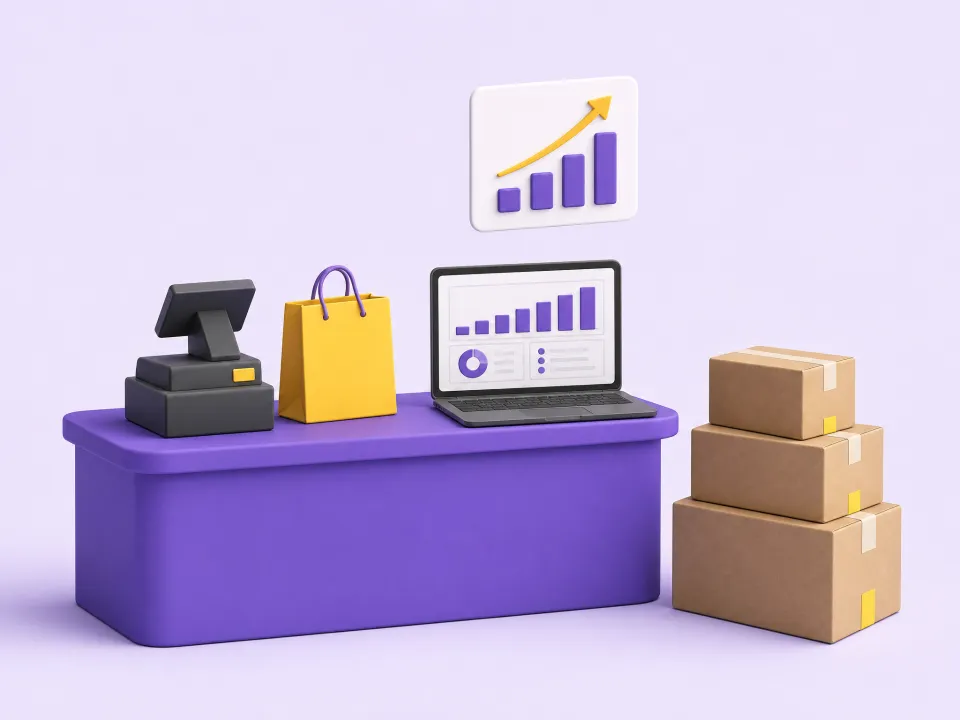 Tienda con una caja registradora, una bolsa de compras, una laptop con el inventario y cajas listas para despachar