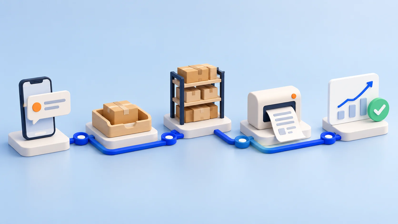 Proceso automatizado que conecta un mensaje, un pedido, el inventario, una factura y un tablero